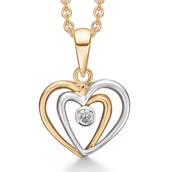 Flot 14 kt. guld vedhæng. Et dobbelt hjerte med zirconia i midten. Kæden er sølvforgyldt i længde 42-45 cm. fra Støvring Design