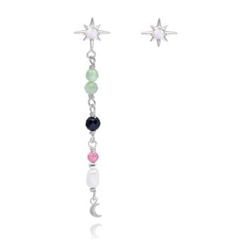 Estelle, Asymetrisk par af øreringe, sterling sølv med stjerne, samt kæde, farvede smykkesten og lille måne fra danske WiOGA