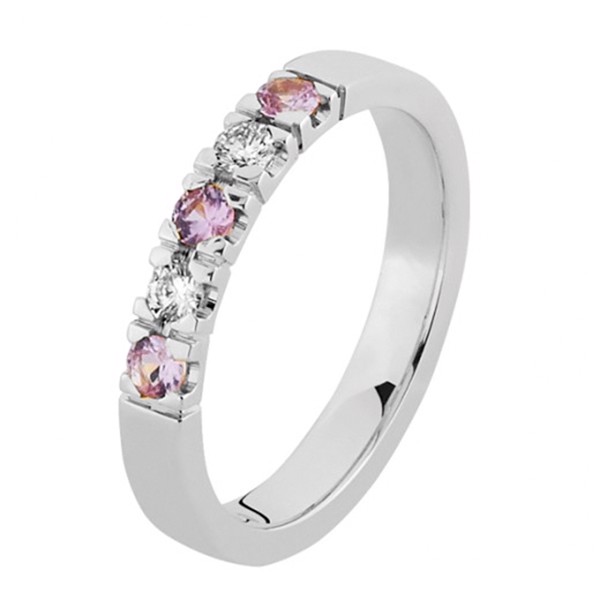 Nuran 14 kt hvidguld alliance ring, fra Colour serien med 2 + 3 stk 0,05 ct Wesselton - SI / lyserød safir