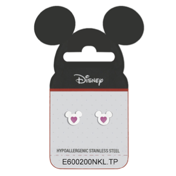 Stål ørestik Disney Minnie Mouse med lyserød hjerte i midten.